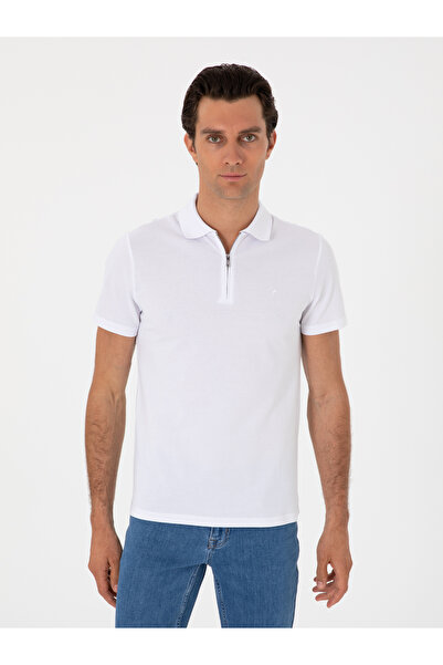 Cacharel Beyaz Slim Fit %100 Pamuk Fermuarlı Polo Yaka T-shirt 50310032-VR013