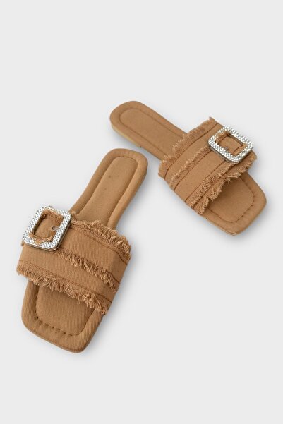 Liger Papuci de damă din denim cu cataramă cu ciucuri BEI