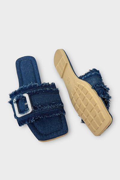 Liger Papuci de damă din denim cu cataramă cu ciucuri ALBASTRU ÎNCHIS