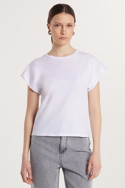 Tudors Tricou alb pentru femei, slim fit, 100% bumbac, cu mânecă scurtă, cu decolteu