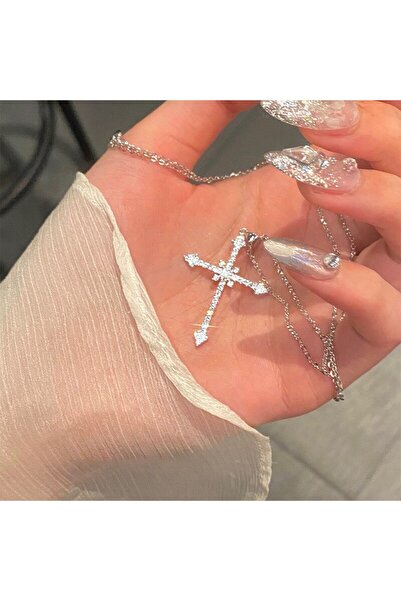 Jwl Haç Kolye Şık Hac Cross Taşlı Parlak Kolye