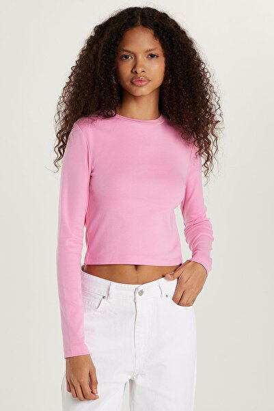 Tudors Kadın Slim Fit Dar Kesim Bisiklet Yaka Pembe Bluz