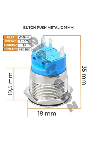 CLASSLIGHTS Push Button 16mm with Latching, 12-24V, Blue LED, Plug included, ElectroAZ