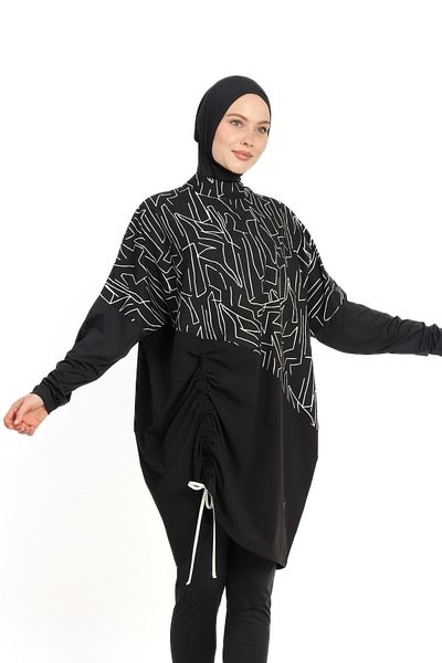 allsea Black Modern Patterned Oversize 4-Piece Fully Covered Hijab Swimsuit