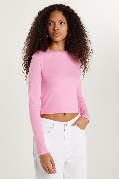 Tudors Kadın Slim Fit Dar Kesim Bisiklet Yaka Pembe Bluz