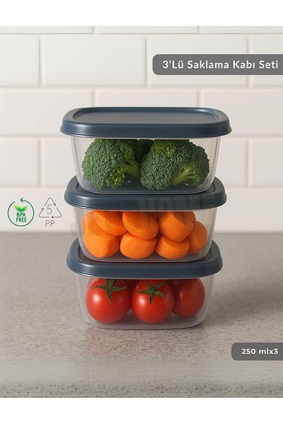 Jet's Home Set of 3 Storage Containers Square Food Container Bpa Free Suitable for Deep Freezer 250 ml
