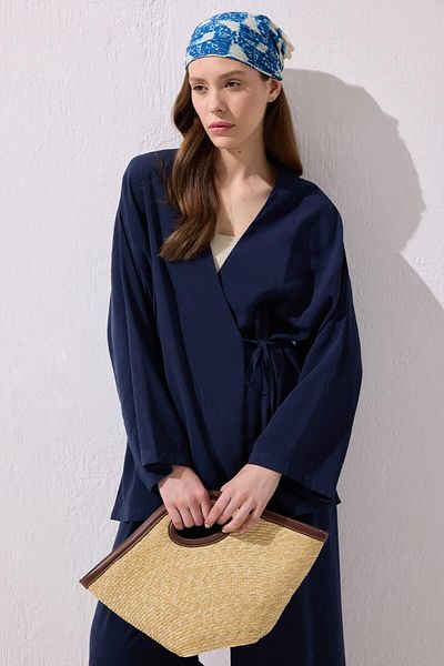 KADRİYE BAŞTÜRK Wrap Modal Shirt Pants Set Navy Blue