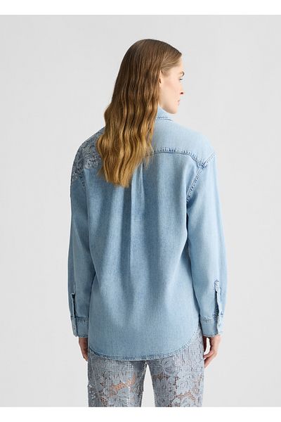 Liu Jo Women's Shirt Collar Shoulder Part Stone Embroidered Long Sleeve Denim Fabric Navy Blue Shirt Ua5128D4851-78826