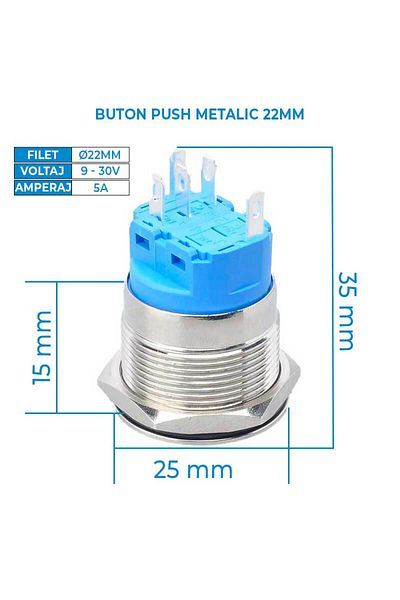 CLASSLIGHTS Buton de acționare 22mm cu reținere, 12-24v, LED albastru, mufă inclusă, Electroaz
