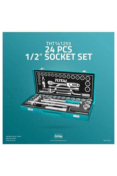 TOTAL 24 Pcs 1/2" Socket Set – Chrome Vanadium Ratchet Wrench & Spanner Tool Kit - THT141253