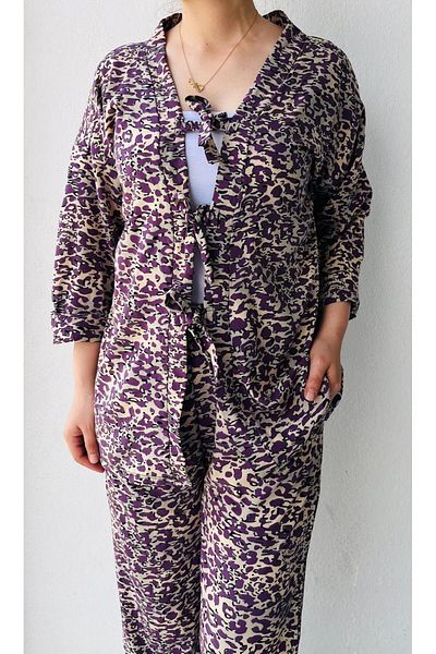 LAVİN GİYİM Women's Half Sleeve Purple-Cream Colored Patterned Kimono Set