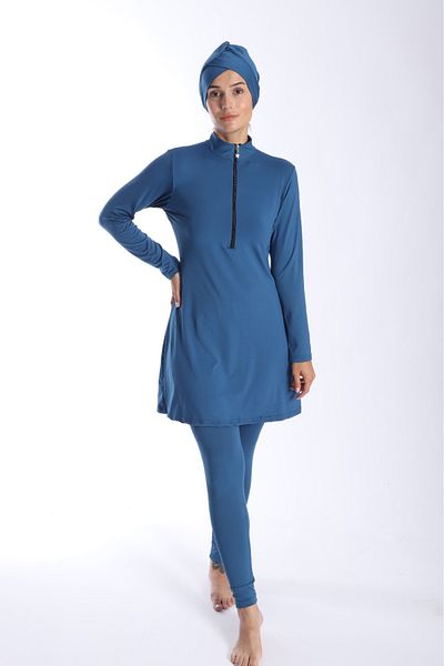 Lio20 Women's Long Sleeve Zippered Petrol Green Hijab Swimsuit 38-44