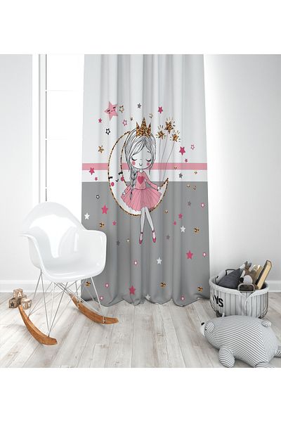 EVSEHOMES Gray Pink Striped Moon Girl Single Wing Background Curtain
