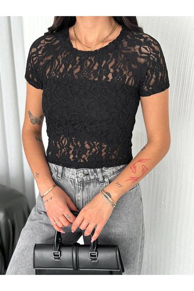 Noa Noa Bluză de bază cu mânecă scurtă cu imprimeu din dantelă