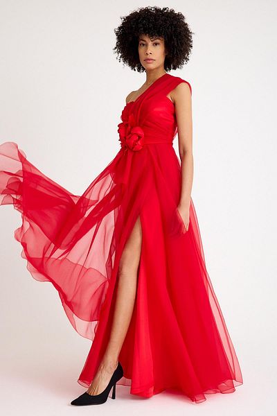SpringStore Red One Shoulder Tulle Evening Dress