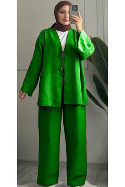 Kumaş sever Green Color Laced Linen Kimono Suit Hijab Clothing