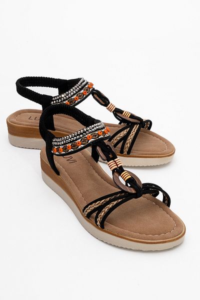 LuviShoes Cher Black Knitted Banded Stone Buckle Women's Sandals