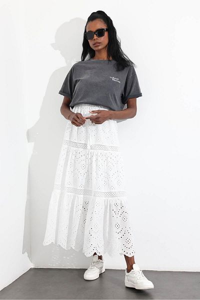 5in1Canpolat White Maxi Length Scallop Skirt 38594