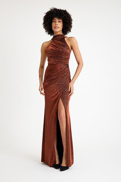 SpringStore Cinnamon Halter Neck Glitter Evening Dress