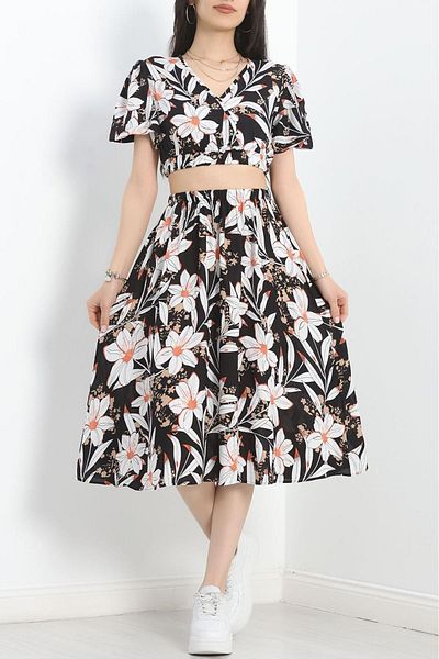 sharin Women's Summer V Neck Crop Double Skirt Blouse Floral Print Suit 4C-2324