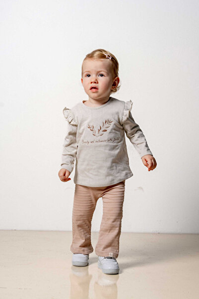 bombe Kız Erkek Gri Bebek Çocuk Natural Pamuklu Nakışlı 2'li Takım Trend Moda Alt Üst Takım