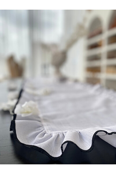KaiHome Shine White Linen Heryeri Frilly Embroidery Detailed Rectangular Runner 40Cmx120Cm