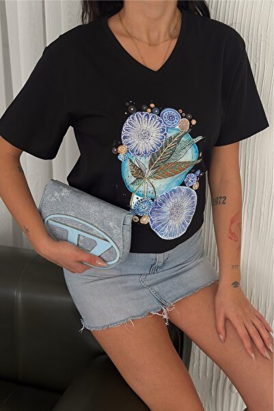 FEMELLE Women's Black V-Neck Plus Size Leaf Pattern Sequin Sequin Embroidered 100% Cotton Plus Size T-Shirt