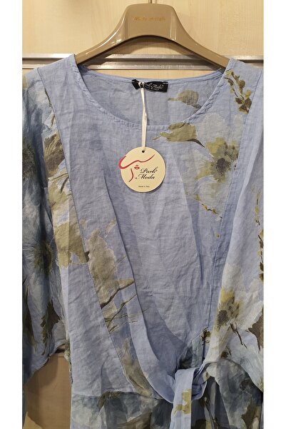 Park Moda Льняна блузка з букетним візерунком і зав'язкою