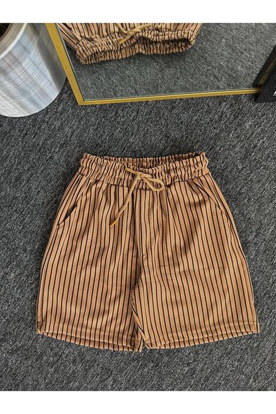 Altamira Men's Camel Striped Waffle Patch Shorts