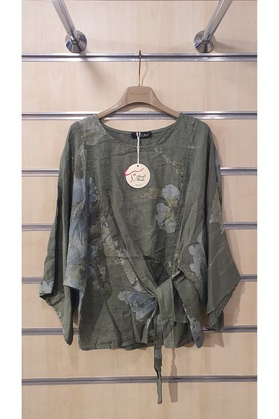 Park Moda Λινό Μπλούζα Μπουκέτο Μοτίβο Δεμένο