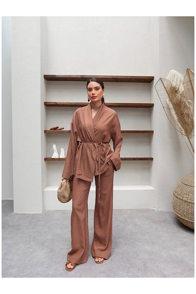 ESRAHELVACI Shawl Collar Tie-Up Shirt Pants Set