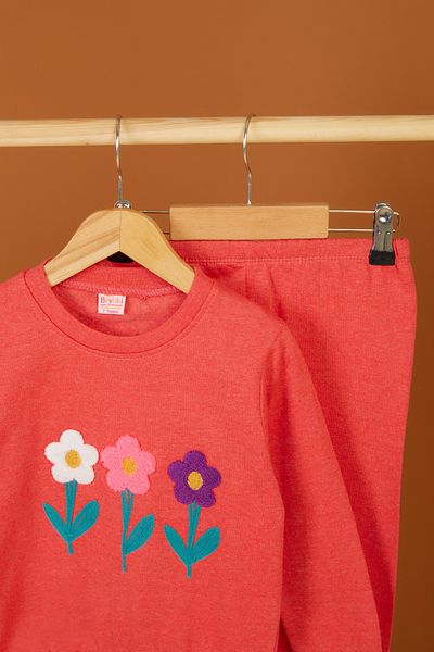 TOFİSA Girl's Coral Flower Embroidered Double Suit - 26549