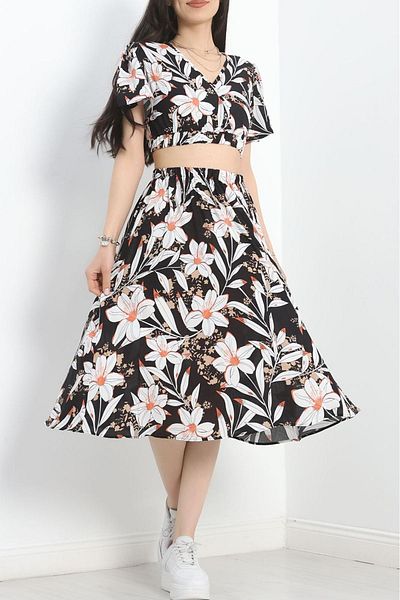 sharin Women's Summer V Neck Crop Double Skirt Blouse Floral Print Suit 4C-2324