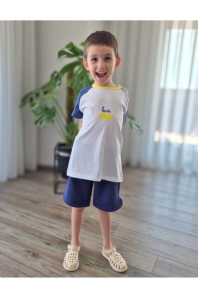 BALKABAĞI Fresh Gray - Navy Blue Raglan Sleeve Boy's 100% Cotton 2-Piece Summer Suit (2-8 Years) Mtye0058
