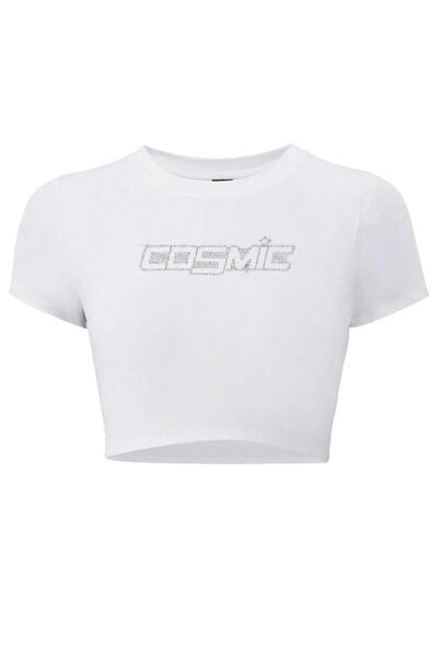 BRZ COLLECTION Tricou Cosmic Crop cu imprimeu Crystal Stone pentru damă, alb