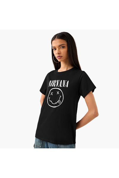 SP Characters Nirvana Print Crew Neck T-shirt with Short Sleeves