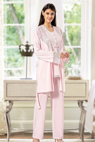Pelin Women's Lace Detailed Maternity 3-Piece Pajama Set