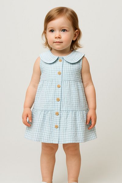 Cassiope Plaid Flounce Sleeveless Wooden Button Detailed Ruffled Collar Summer Baby Girl Dress