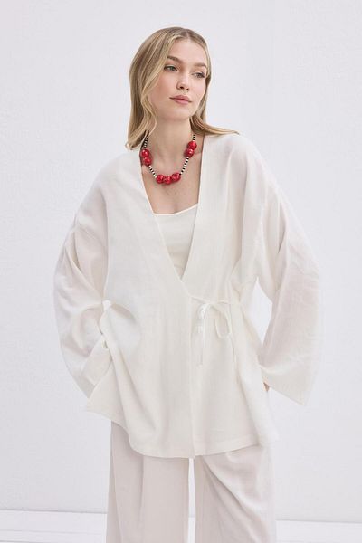 KADRİYE BAŞTÜRK Wrap Modal Shirt Pants Set Ecru