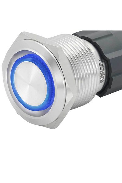 CLASSLIGHTS Buton metalic 22mm cu REȚINERE, 220V-10A, LED albastru, ștecher inclus, ElectroAZ