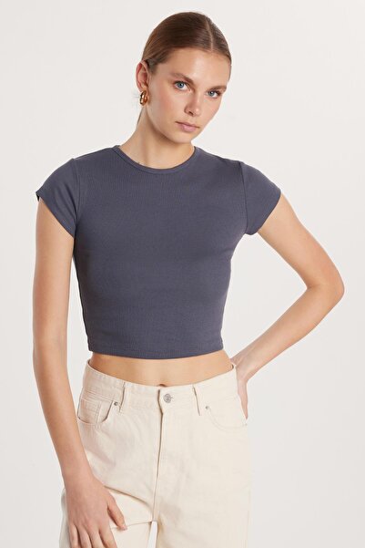 Tudors Γυναικείο μπλουζάκι από ύφασμα Modal Slim Fit Slim Fit με κοντό μανίκι με λαιμόκοψη ανθρακί