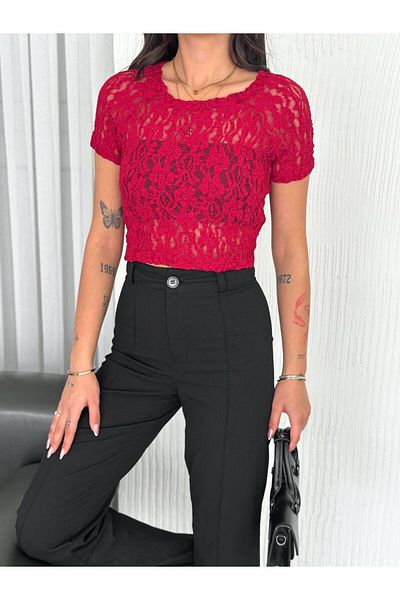 Noa Noa Basic Short Sleeve Crop Lace Patterned Blouse