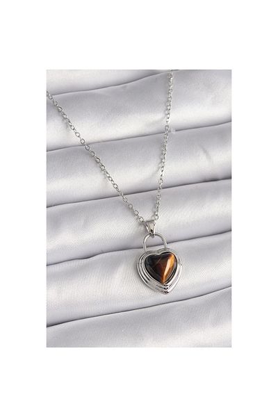 Marsilyan 316L Steel Silver Color Chain Lock Heart Amber Bead Model Women's Necklace - Tj-Bko9495
