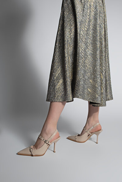 Marjin Women's Stiletto Pointed Toe Trock Open Back Heeled Shoes Zekra Ecru