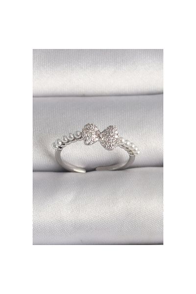 Marsilyan Brass Silver Color Zircon Stone Bow Pearl Detail Adjustable Ring - Tj-Byk3526