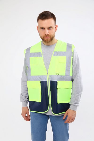 Çamdalı İş Elbiseleri Engineer Warning Vest Yellow Navy Blue Combination Multi-Pocket Zippered