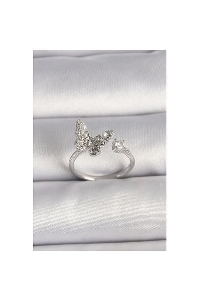 Marsilyan Brass Silver Color Zircon Stone Butterfly Model Pearl Detail Adjustable Ring - Tj-Byk3534
