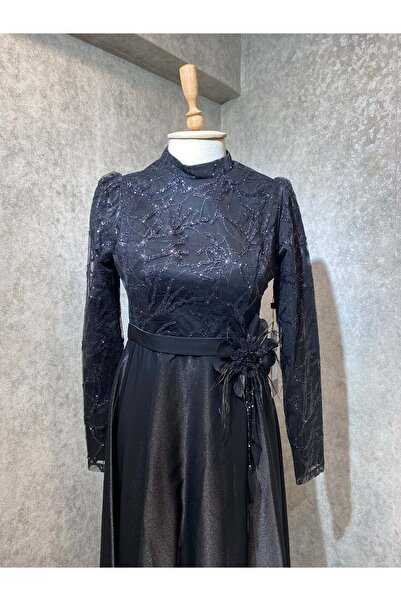 Famelin 24y645 Abiye Üstü Simli Beli Çiçekli Siyah