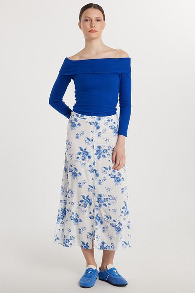 Tudors Fusta midi cu imprimeu elastic, cu nasturi, cu potrivire standard pentru femei
