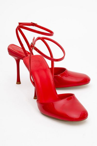 LuviShoes Blues Red Patent Leather Round Toe Ankle Lace-Up Women's High Heel Shoes